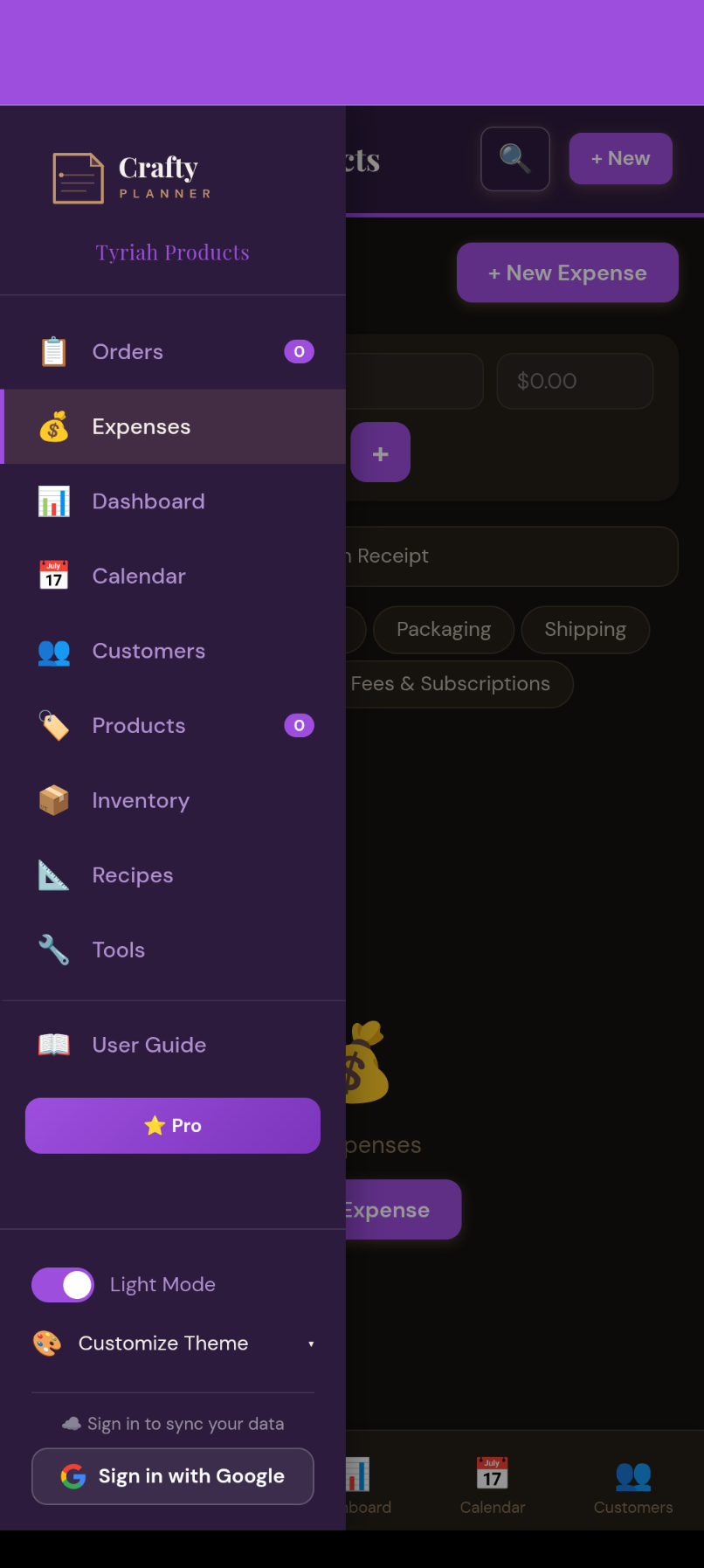 Crafty Planner with custom purple theme